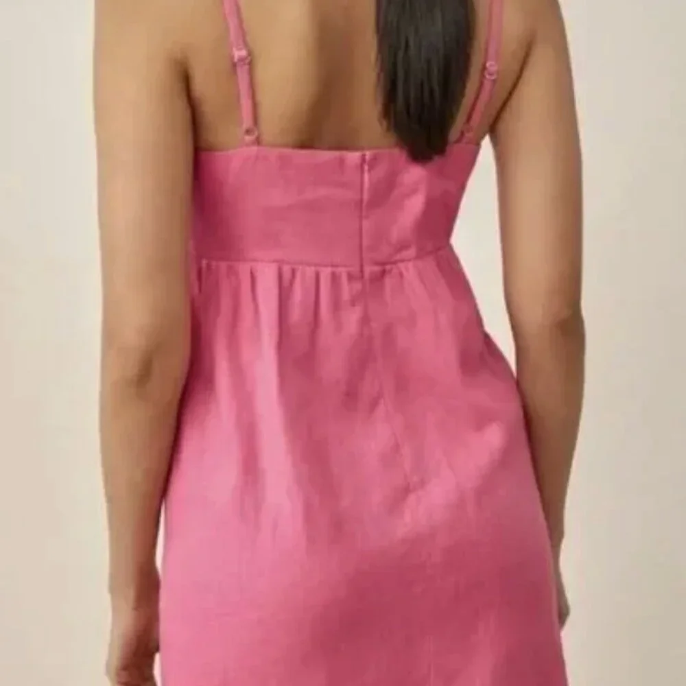 Reformation Ryland Linen Mini Dress Pink Bow Tie Front Slip Dress Size 6 - Picture 7 of 10